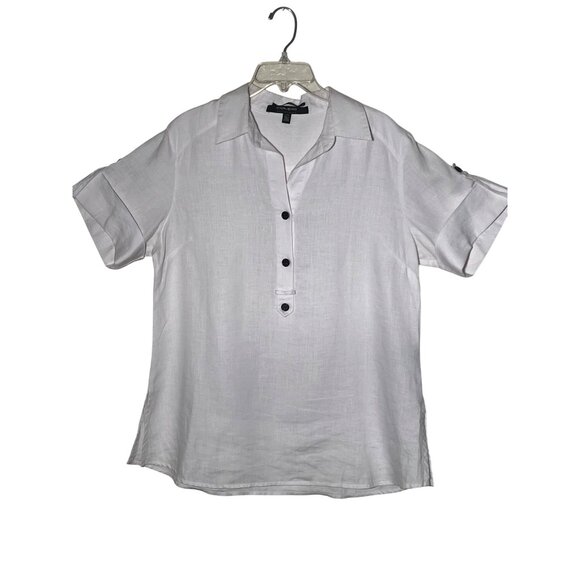 Coupe Collection 100% Linen White1/4 Buttoned Collared Blouse - Picture 1 of 16